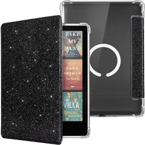 CoBak Magnetic Case for 7" Kindle Paperwhite 12th Gen 2024 and Kindle Colorsoft - Compatible with iPhone MagSafe, for Samsung/Belkin/Anker Wireless Charging Pads, Clear Back Cover, Auto Sleep Wake (Mag Ring Black Glitter)