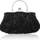 Floral Designer Evening Bag Beaded Sequin Design Vintage Kissing Lock Satin Clutch Purse Bag Wedding Party Clutch (Black)