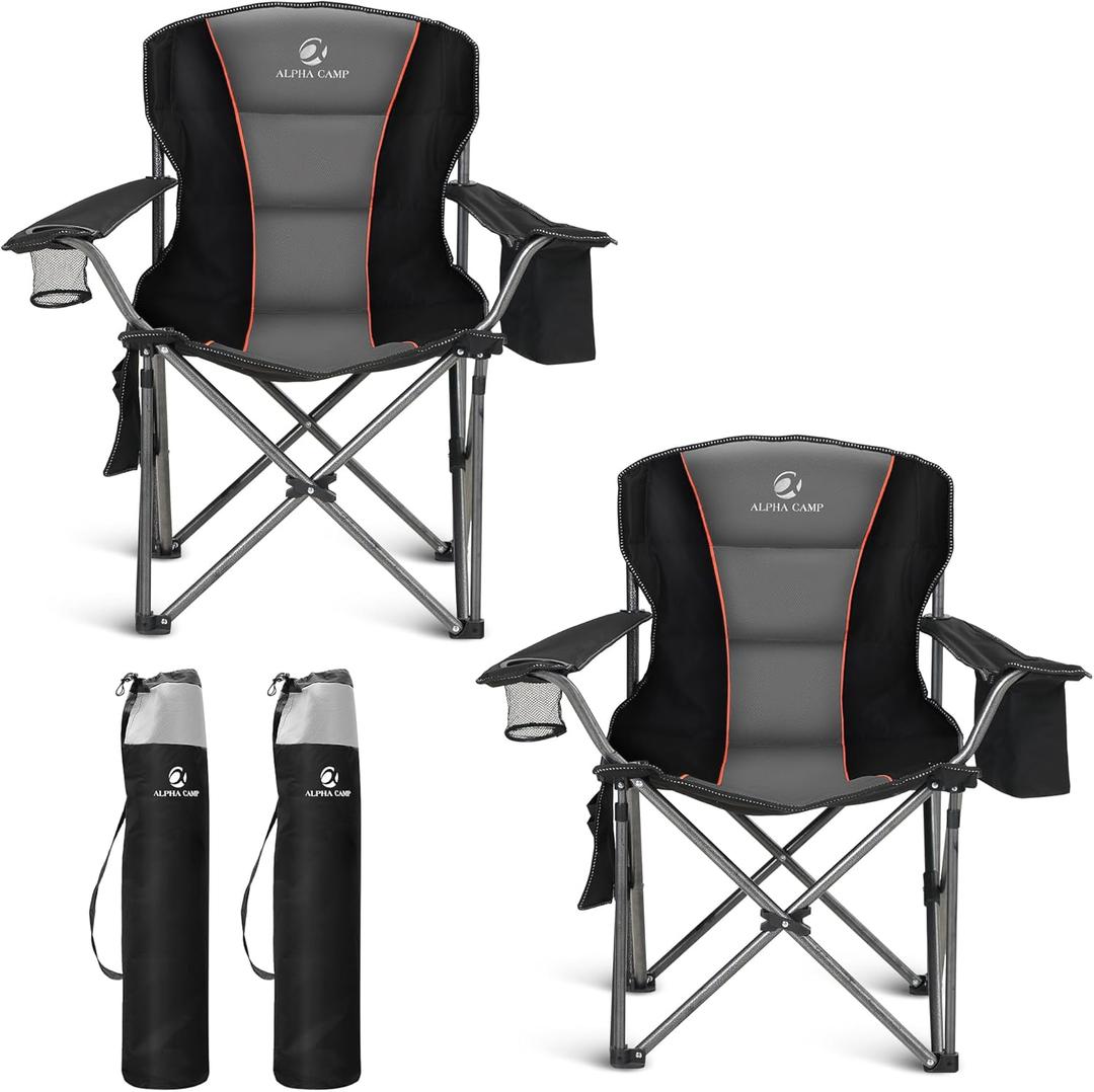 ALPHA CAMP Oversized Folding Camping Chair, Heavy Duty Portable Lawn Chairs with Cooler Bag, Side Pocket & Cup Holder, Folding Chairs for Outside Support 450 LBS (Twin Pack, Black)
