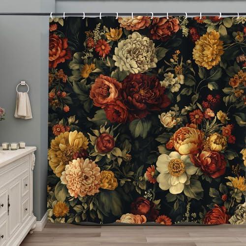 PAOPOED Black Floral Shower Curtain, Vintage Dark Flower Bloosom Rose Plants Bathroom Curtain, Polyester Fabric Waterproof Bath Curtain with 12 Hooks 72x72 Inch