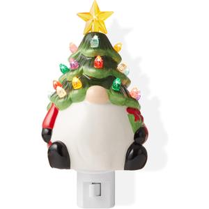 Casafield Ceramic Christmas Gnome Night Light - Green Tree Gnome Plug-in Vintage Christmas Decorative Night Light with 15 Bulbs and Star Topper