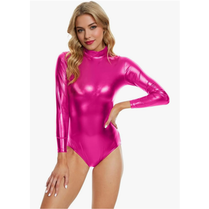Long Sleeve Metallic Bodysuit Women Shiny Dance Leotard Turtleneck Latex Bodysuit, S