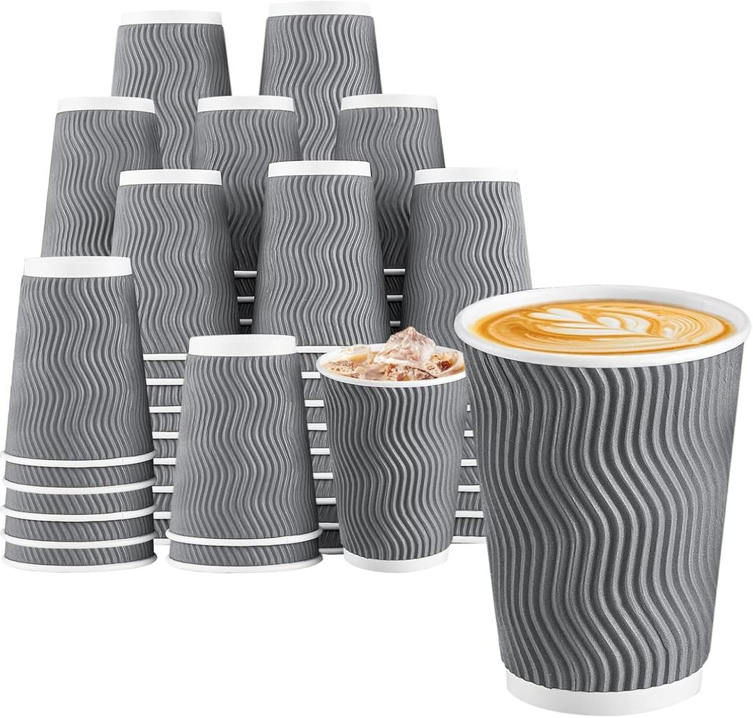 Lamosi 500 Count 8 oz Insulated Coffee Cups, Disposable Paper Cups No Lids | Corrugated Ripple Wall Design for Hot Beverage, Office, Hotel, Catering, Events, Cafe Bar Use (Grey) (EXP 02/04/26)