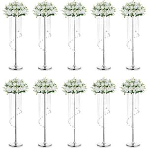 Nuptio Wedding Centerpieces Silver Vases: 10 Pcs 35.4in Tall Crystal Flower Vase Metal Flowers Stand for Party Tables Decorations - Elegant Bulk Weddings Decoration Table Chandelier Centerpiece stands