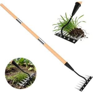 Iron Weeding Rake with Wooden Long Handle 2.0, 8 Teeth Weed Puller Tool Heavy Duty, Manual Gardenia Weed Rake Tool for Yard, Lawn and Garden, 56Inch