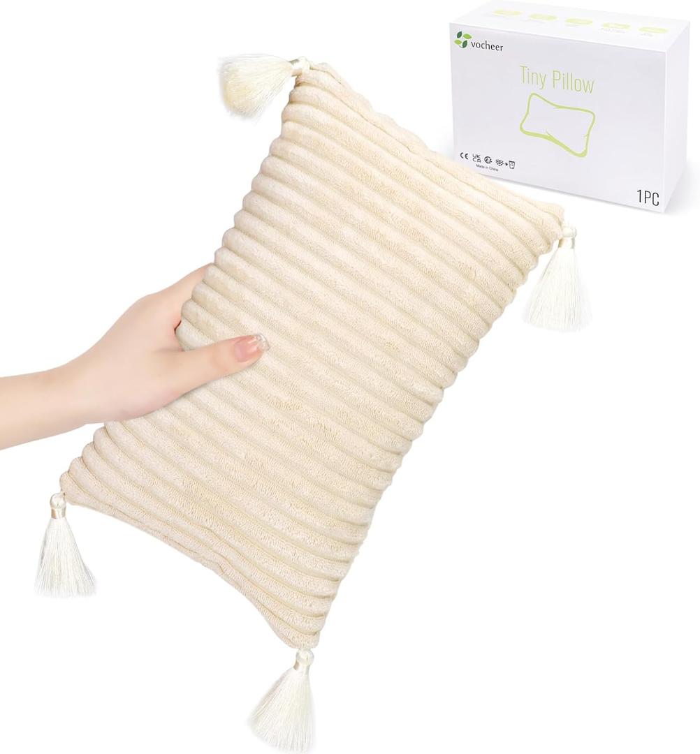 vocheer Small Travel Pillow with Tassels, 11"x 7" Neck Pillow for Sleeping, Mini Travel Pillows, Tiny Pillows for Neck, Wrist, Lumbar and Knee, Pets, Machine Washable,Beige-1pc