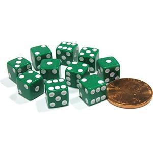 Set of 10 Green 8mm Six Sided D6 Small Square Dice with White Pips