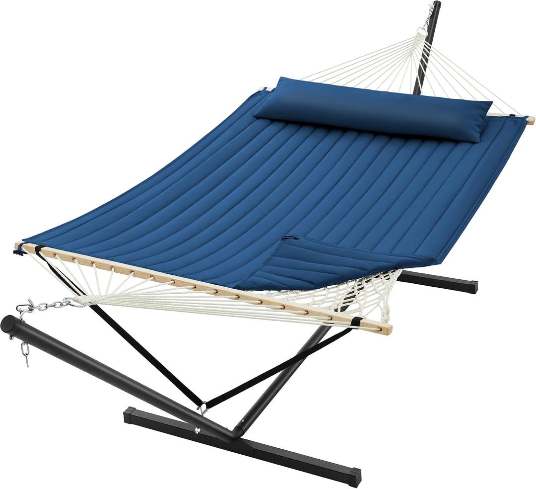 SUPERJARE 12ft Double Hammock with Stand, Rope Hammock for 2 Person, Detachable Hammock Bed and Pillow, Portable, Anti-Tip Safety Ropes, Carry Bag, Outdoor Backyard Patio Camping, Navy Blue