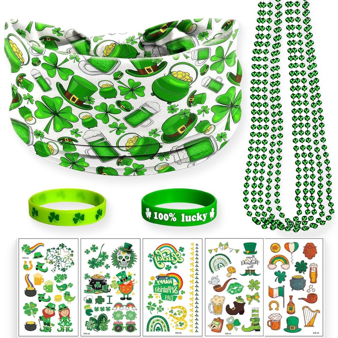 St. Patrick's Day Party Accessories Kit for Adults - 13 Pcs Irish Celebration Set with Shamrock Beer Headband, 5 Necklaces, 2 Wristbands & Stickers for Irish Themed Party Supplies (Green, M)