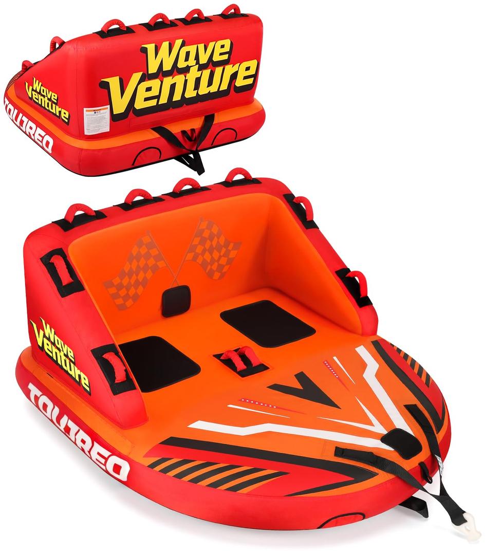 Towable Tubes for Boating - 2 & 3 Person Inflatable Boat Tube with Dual Tow Points, Speed Safety Valve, Heavy Duty Nylon Cover, EVA Foam Pads for Lake & River Water Sports