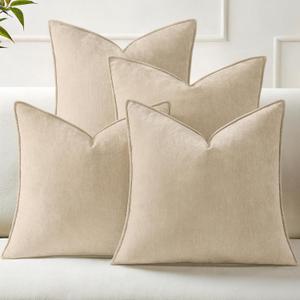 decorUhome Spring Set of 4 Beige Couch Throw Pillow Covers 20x20, Decorative Soft Neutral Chenille Pillow Covers with Elegant Design for Living Room Bed Sofa