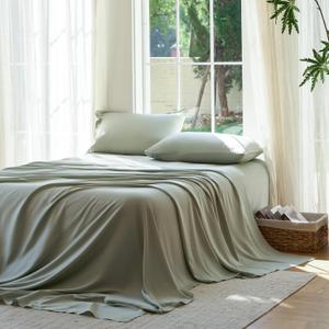 DOZ Sheet Set, 100% Viscose derived from Bamboo, Organically Grown, Buttery Soft, Cooling Sheets, High GSM, Deep Pockets - 4 Piece - 2 Pillowcases 1 Fitted 1 Top Sheet (Sage, Queen)