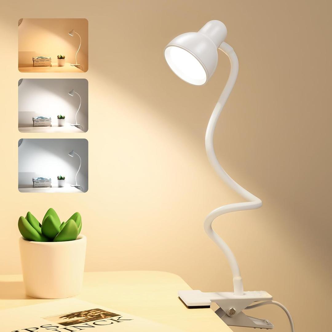 Clip on Lamp USB Reading Light, 3 Color Modes, 10 Brightness Dimmable, 360 Flexible Desk Lamp with Clamp, Eye Care Clip on Light for Bed Desk Headboard Home Dorm White