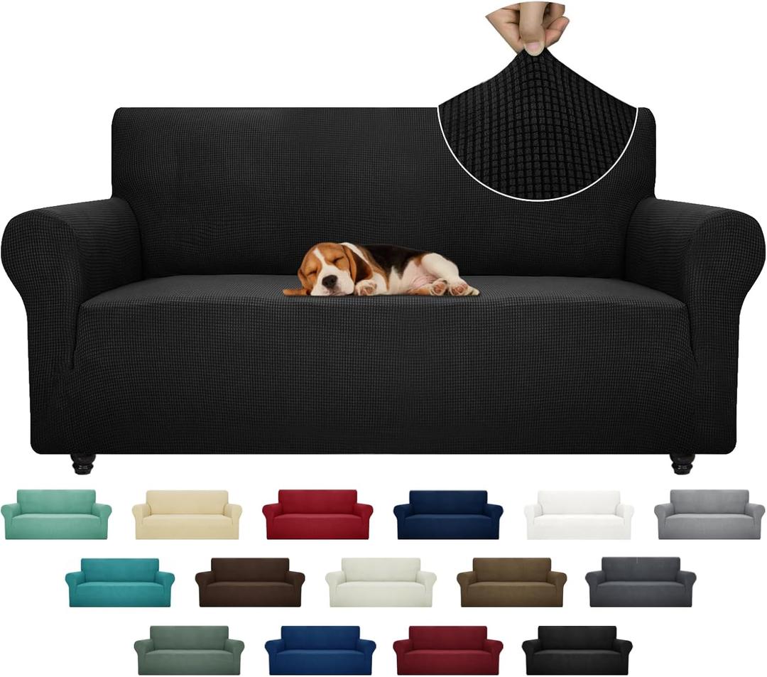 ZNSAYOTX Super Stretch Couch Cover (72"-92") Universal Sofa Covers with Elastic Bottom, Dog Cat Pets Friendly Washable Furniture Protector Fitted Sofa Slipcovers Stay in Place (Black, Sofa)