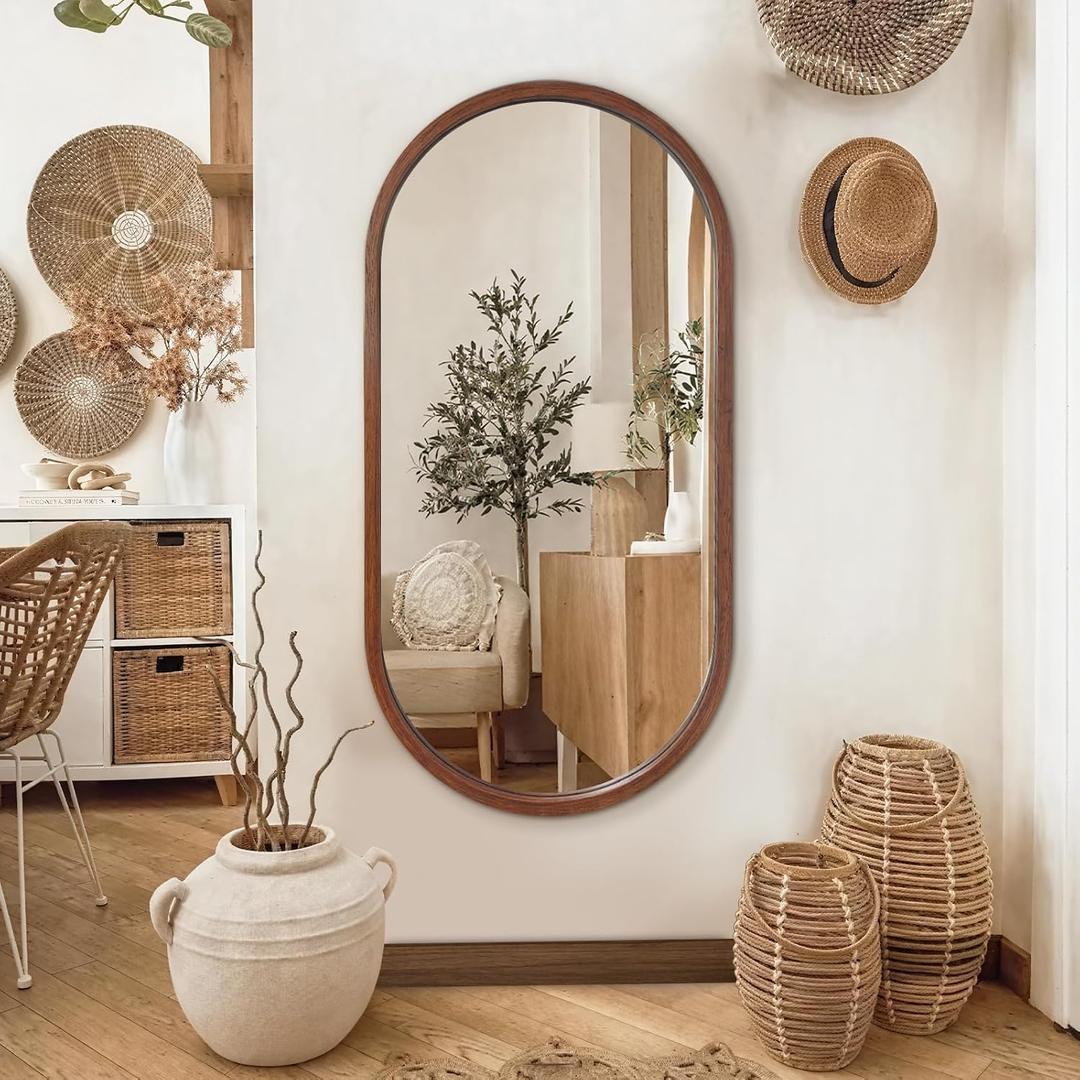 Oval Full Length Mirror, 48"X24" Wood Wall Mirror, Walnut
