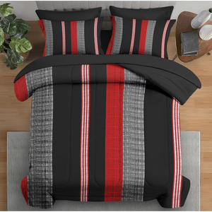 Pamnest Comforter Set Queen Size, Red Black Vintage 7 Pcs Bedding for Kids and Adults, Geometric Striped Abstract Bed Sheet Sets with Fitted Sheet 2 Pillowcases & 2 Shams for Bedroom Bed Decor