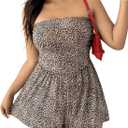 WDIRARA Women's Plus Size Leopard Print Strapless Tube Romper Sleeveless Wide Leg Jumpsuit Shorts (1XL, Brown)