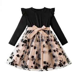 Nileafes Girl Knee-Length Dress Kids Long Sleeve Lace Casual Dresses, Size 3Y