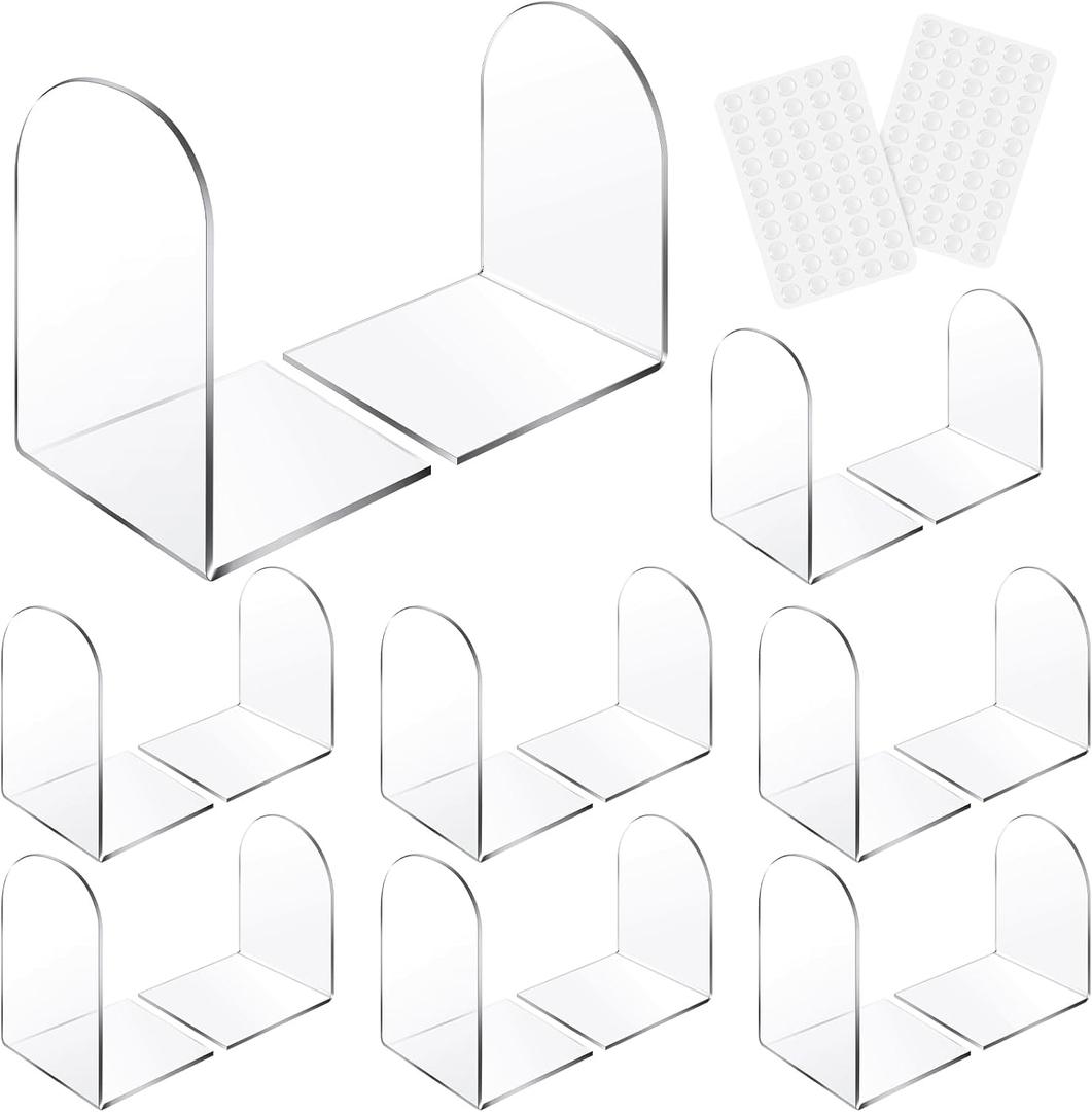 Leinuosen 16 Pcs Acrylic Clear Book Ends with Silicone Pad Non Skid Book Holders Arch Shape Heavy Duty Bookends Stoppers for Movies, CDs, Video Games (Clear)