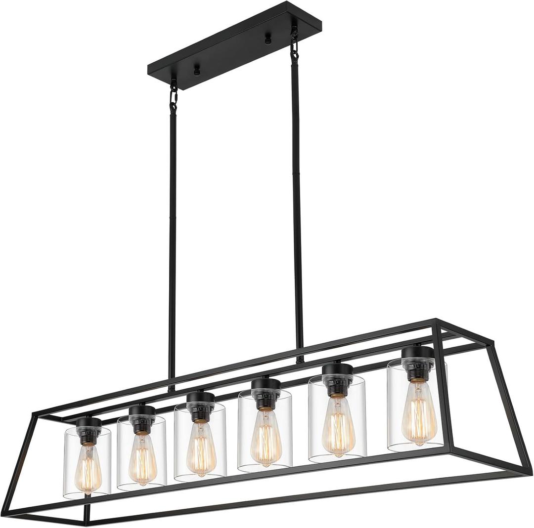 Rectangle Chandeliers for Dining Room | 6-Lights Black Dining Room Light Fixture with Clear Glass Shade | Apply to Kitchen Chandeliers Over Table, L48" - 6 Light