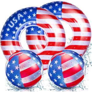 Outus 4 Pcs 4th of July Pool Float and Patriotic Beach Ball Inflatable 36 Inch USA Flag Swim Ring 12 Inch American Flag Tube and 4th of July Pool Toy for Adults Independence Beach Party