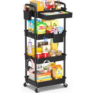 SUNALLY 4 Tier Rolling Utility Cart with Drawer, Storage Organizer Cart with 2 Lockable Wheels, Multifunctional Rolling Storage Cart for Bathroom, Kitchen, Craft, Makeup, Baby Essentials, Black