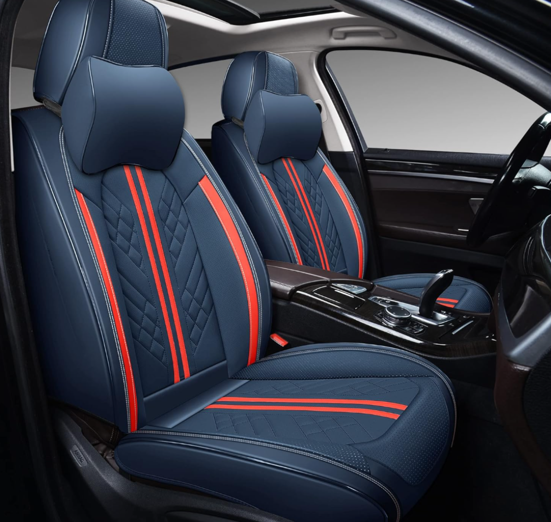 GXT Car Seat Covers Front Seats Only, Front Car Seat Covers 2 Pack, Premium Faux Leather Car Seat Cushion - Universal Fit for Most Sedans SUV Pick-up Truck with Headrests(Blue and Red Strip)