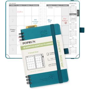 POPRUN Monthly Planner 2026-2027 (Pocket 4.25" x 6.25") 18 Months Calendar (Jan 2026 - Jun 2027) - 4 Pages per Month with Expense & Notes, Leather Cover, Sunday Starts - Pacific Green