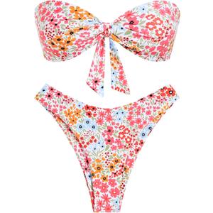 ZAFUL Knotted Bandeau Bikini for Women Strapless Swimsuits High Cut Bathing Suit Sexy Cheeky Tie Side Swimwear (Medium, 0-little Flower)