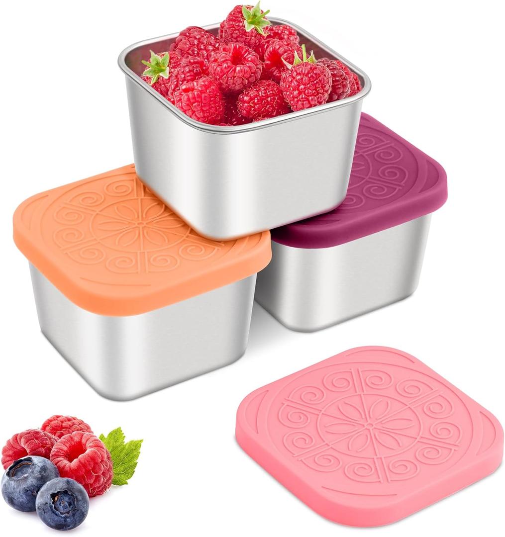 Stainless Steel Snack Containers for Kids,7.2oz Easy Open Leak Proof Reusable Snack Box Container with Lids,Small Lunch Containers for Meal Prep,School,Picnic and Travel-3Pack (Soft Warm)