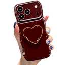 Cute Case for iPhone 17 Pro Max 6.9'', Red Soft TPU Shape Shockproof Protective Cover with Stand, Luxury Bumper Wave Frame Curly Shape Love Heart Holder Kickstand Phone Case for Girls Women