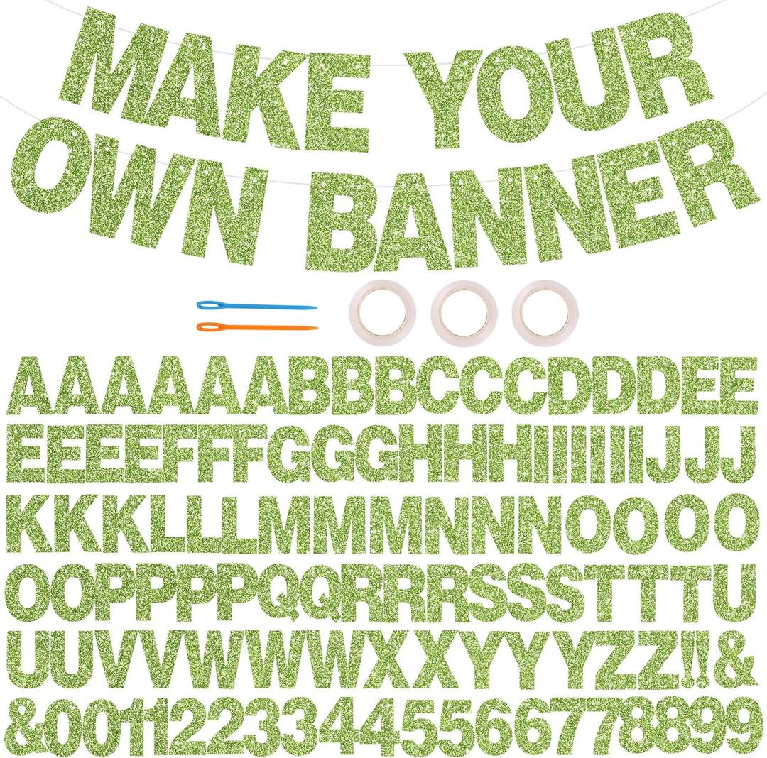 BEISHIDA 116 PCS A-Z DIY Letter Banner Kit Make Your Own Banner Including 111 Letters and Numbers 3 Rope and 2 Threading Device,Customized for Birthday Graduation Wedding Decor Glitter Grass Green