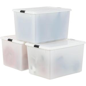 IRIS USA 144 Qt Stackable Plastic Storage Bins with Lids, 3 Pack - BPA-Free, Discreet Organizing Solution, Latches, Durable Nestable Containers, Secure Pull Handle, Made in USA - Pearl