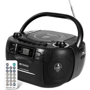 Retekess TR621 CD Player Boombox, Cassette Tape Player AM FM Radio, Stereo Sound, USB and TF Card Playback with Remote Control, Tape Recording, for Home(Black)