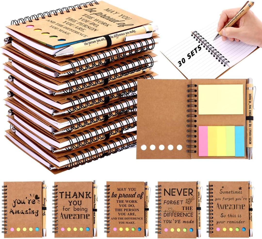 30 Sets Employee Appreciation Gifts Bulk Inspirational Spiral Notebook with Sticky Note and Motivational Bamboo Pens Thank You Gifts for Employees Coworkers,Teachers,Nurse,Office Staff,Team,Volunteer