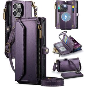 Strapurs for iPhone 14 Pro Max Detachable Wallet Case Compatible with Magsafe, RFID Blocking 9-Card Holder Zipper Strap Lanyard PU Leather Magnetic Phone Case for iPhone 14 Pro Max 6.7", Purple