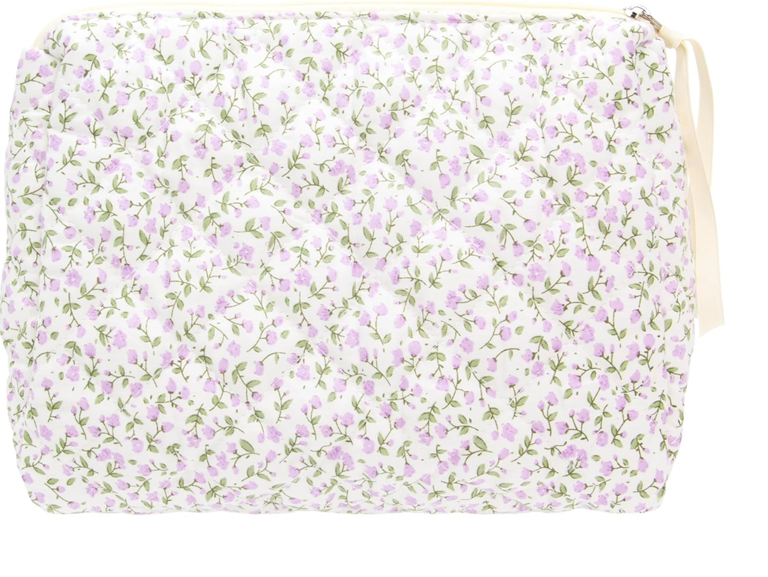 Quilted Makeup Bag Large Travel Zipper Soft Cosmetic Pouch for Women Girls Make Up,Floral Pink (1 PCS Pouch)