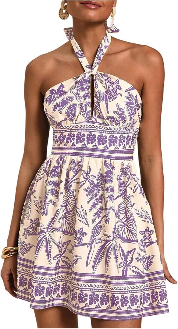 SOLY HUX Tropical Vacation Dress for Women Halter Tie Backless Sundress Sleeveless A Line Short Summer Dresses (Medium)
