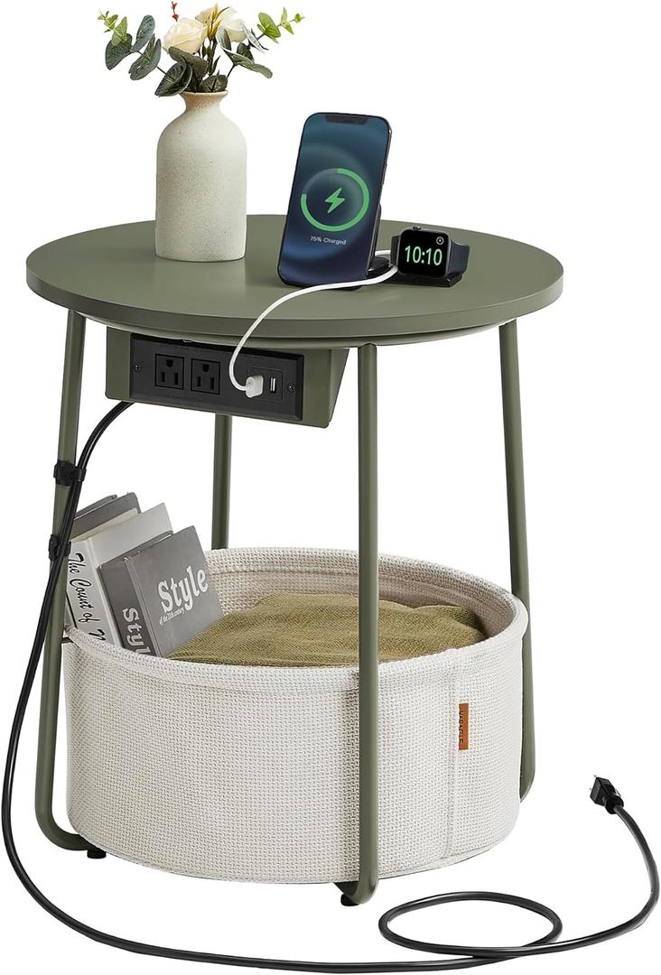 VASAGLE Side Table with Charging Station, Round End Table With Fabric Basket, Nightstand with Power Outlets USB Ports, for Living Room, Bedroom, Modern, Forest Green and Cream White ULET228C04 (Forest Green + Cream White)