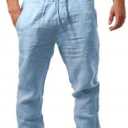 MorwenVeo Men's Linen Pants Casual Drawstring Yoga Beach Trousers Lightweight Loose Fit Elastic Waist Summer Pant (Large, Blue)