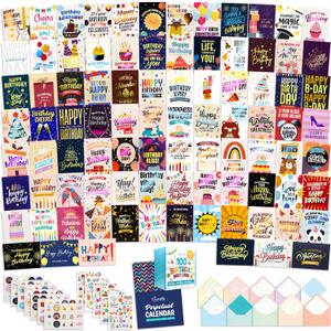 Decorably 100 Pack Foiled 5x7in Assorted Happy Birthday Cards Bulk with Envelopes and Stickers, 100 Folded Unique Designs for Friends, Family & Loved Ones, Printed Message Inside - Gifting, Mailing