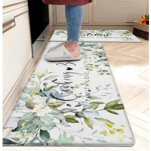 Green Kitchen Rug Anti Fatigue Mats for Kitchen Floor Kitchen Rugs Sage Green Floral Herb Memory Foam Kitchen Mat Cushioned PVC Leather Kitchen Rug Set, 17.3x28+17.3x47 inchs