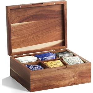 Acacia Wood Tea Bag Organizers, Tea and Sugar Packet Storage Chest with Lid, Wooden Teabag Holder Containers,Storage Box Teabox with 6 Compartments