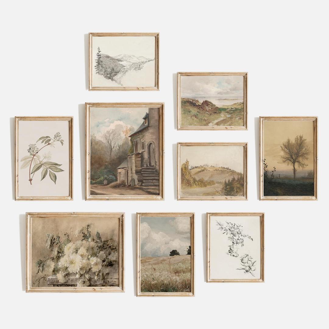TheCanvas Vintage Wall Art Prints Set of 9, Eclectic Nature Wall Art for Living Room, French Country Landscape Painting, Gallery Wall Decor for Bedroom or Farmhouse UNFRAMED