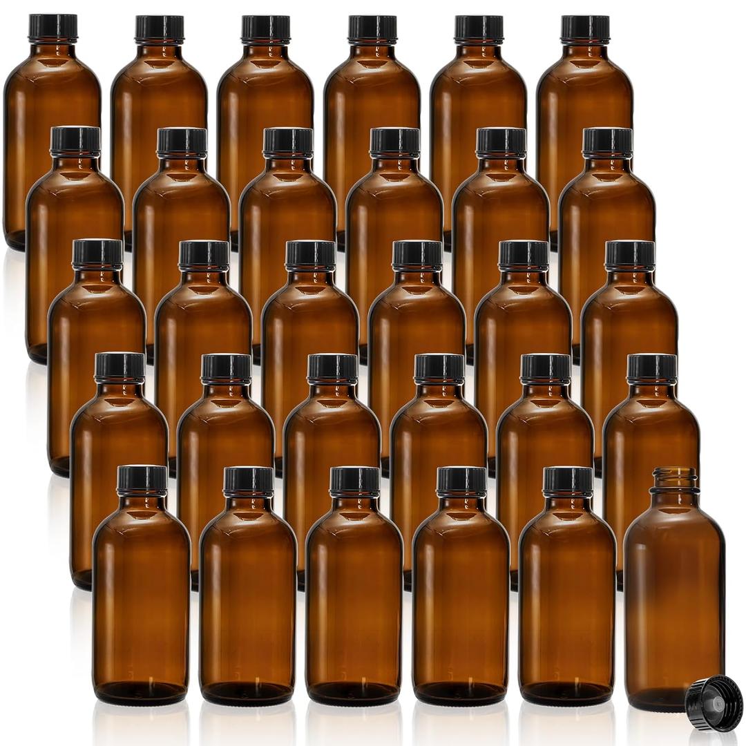 Bekith 30 Pack 4 oz Amber Glass Bottles, Boston Round Sample Bottles with Black Poly Cone Cap for Juice, Ginger Shots, Oils, Whiskey, Liquids