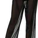 Women Sexy See Through Sheer Mesh Loose Bottoms, Swimsuit Bikini Cover Up, High Waist Wide Leg Pant, C Black, X-Large 