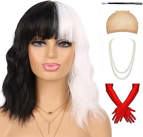 Tereshar Half Black and White Wig with Accessories 5pcs Set for Women Costume Short Curly Wig with Bangs Halloween Cosplay Party Wig  