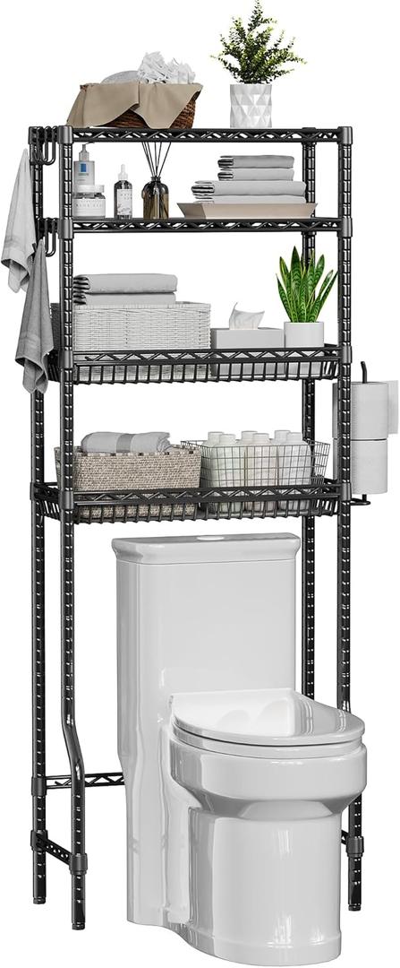4-Tier Over The Toilet Storage, Bathroom Shelves with 6 Hooks, Metal Over Toilet Organizer with Adjustable Shelf and Basket, Freestanding Rack Space Saver for Bathroom, Laundry, Black