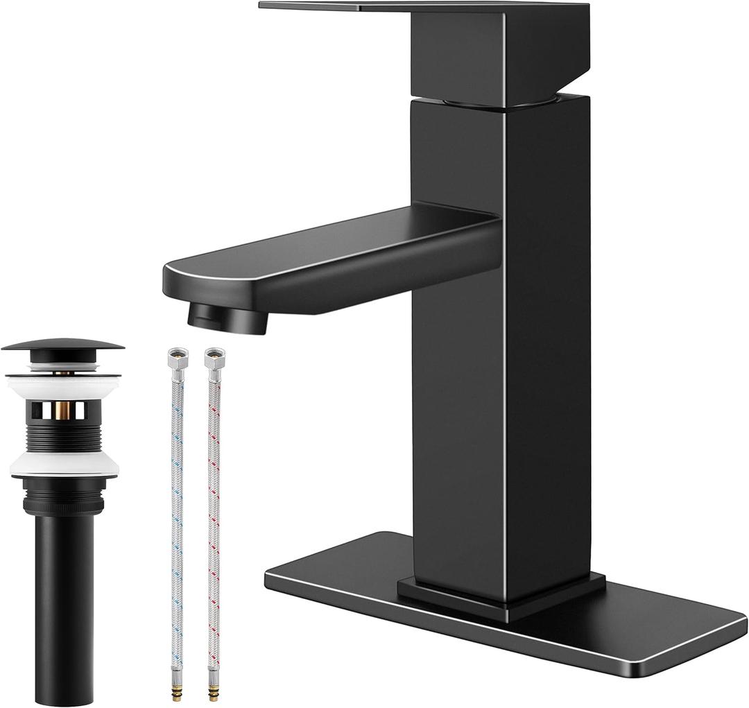 Herogo Black Bathroom Faucet, Stainless Steel Modern Bathroom Sink Faucets with Pop-up Sink Drain & Deck Plate 1 or 3 Hole, Single Handle RV Washbasin Lavatory Faucet with 2 Water Hoses