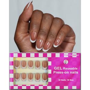 3 x 16 Sizes Short Oval Press on Nails, French Tip Short Round Reusable 32pcs Glossy Gel Fake Nails with Glue and Jelly Stickers (Brown French)